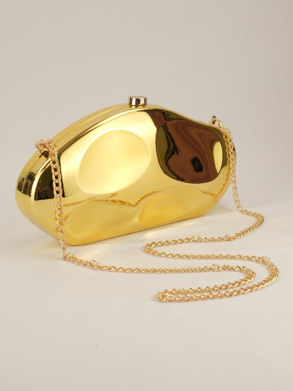 Metallic Gold Sculptural Evening Clutch with Shoulder Chain